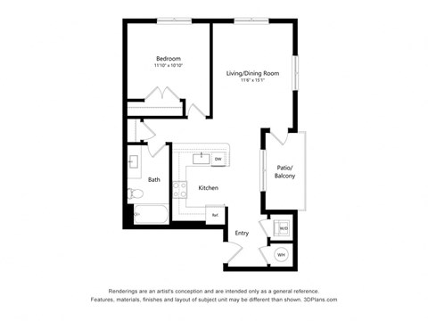 1 bedroom 1 bathroom 1F Floor Plan at Exchange at Rock Hill, South Carolina, 29730